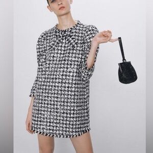 Zara Sequin Black and White Tweed Houndstooth Mini Dress with Frayed Trim | L